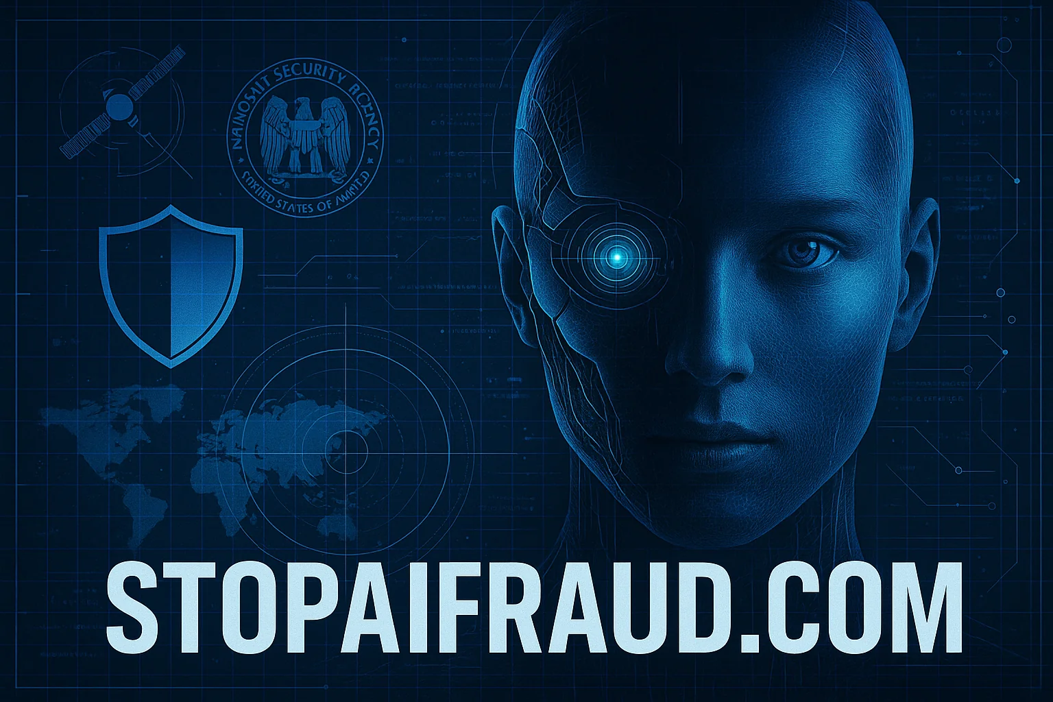 Cyborg face and global grid symbolizing AI fraud threat intelligence for government agencies